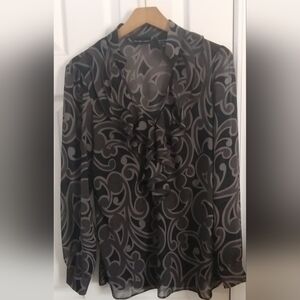 New York & Company Black/Gray Sheer Swirl Print Blouse